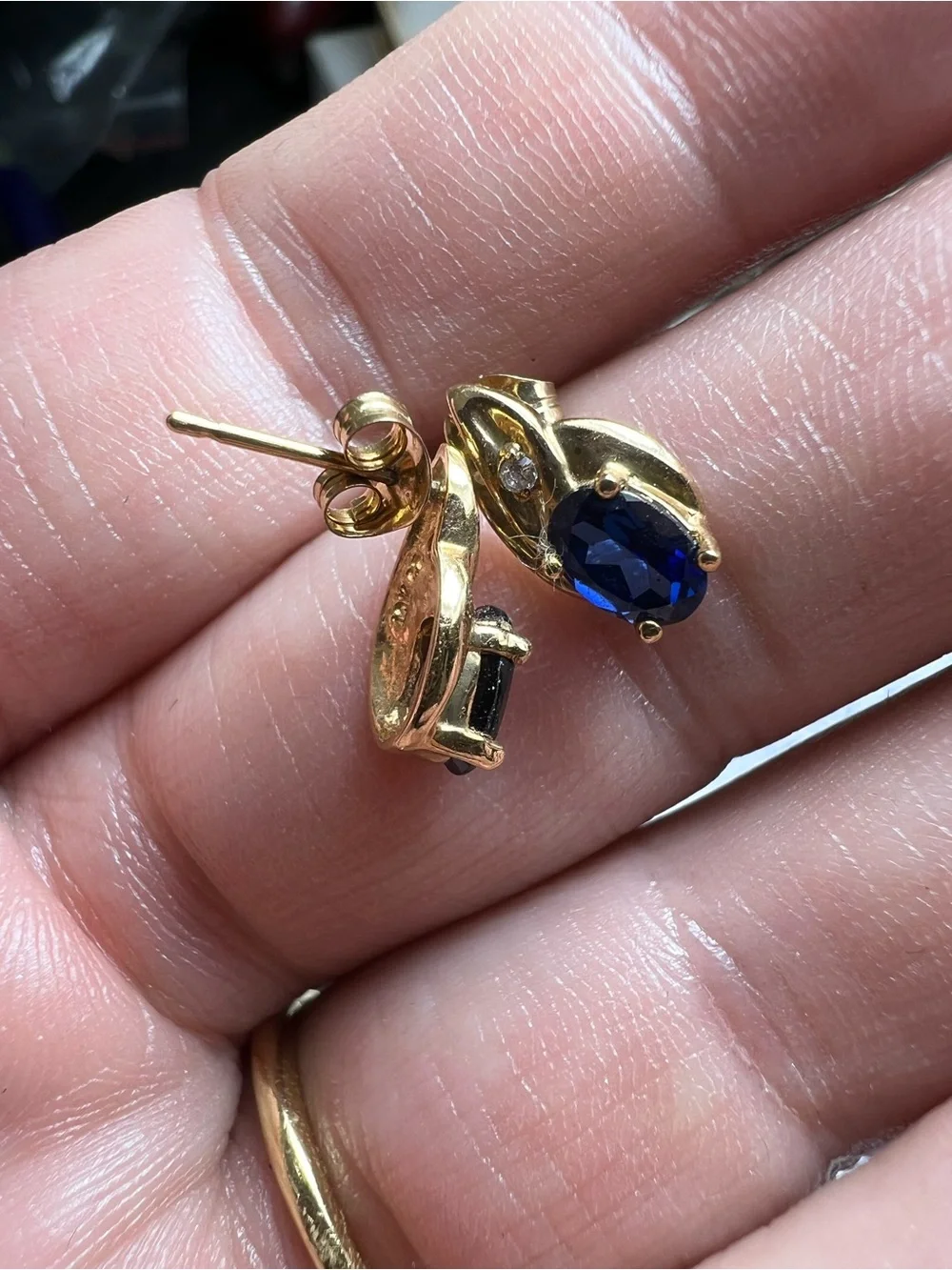 10K Gold Blue Sapphire Oval Stud Earrings with CZ Accent